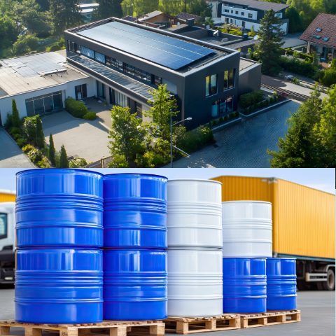 Standort für Sondermetall-Ankauf mit moderner Logistik & umweltfreundlicher Energie Betriebsgebäude mit Solaranlage und Fasslager – Anlieferung und Abholung von Sondermetallen