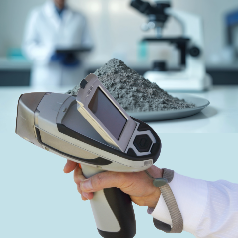 XRF-Analyse von Sondermetallen im Labor – Metall Pulverprobe zum ankauf Hand hält tragbares Röntgenfluoreszenzgerät (XRF) zur Analyse von Metallpulverproben im Labor mit Mikroskop im Hintergrund.